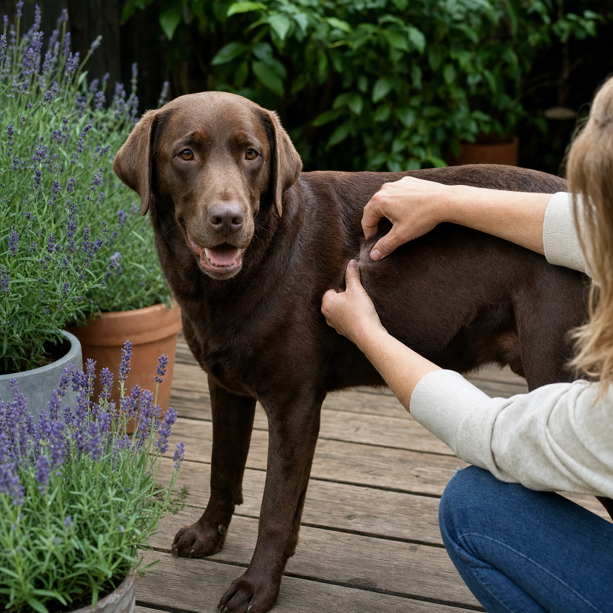 An adult gently parts a chocolate Labrador's fur during a calm skin check on a garden deck.