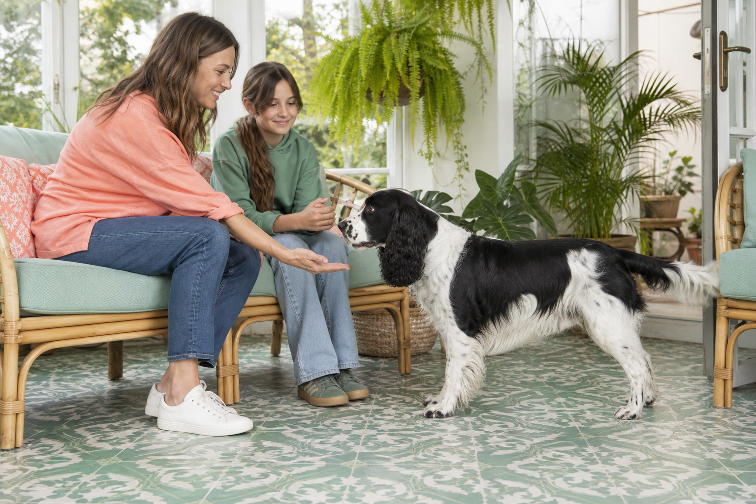 A Springer Spaniel chooses to approach an adult and older child seated calmly in a leafy sunroom.