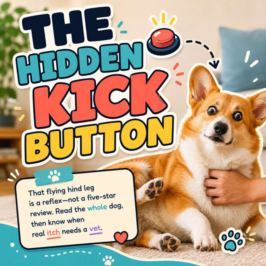 CloudyAww article thumbnail showing a Corgi reacting as its side is scratched beside the title The Hidden Kick Button.