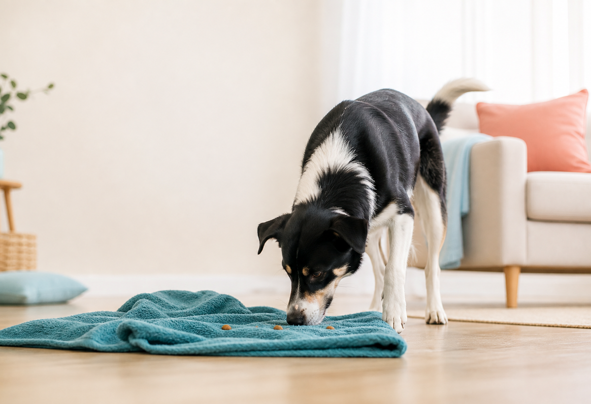 A black-and-white dog searches for a few pieces of kibble in the folds of a teal towel.
