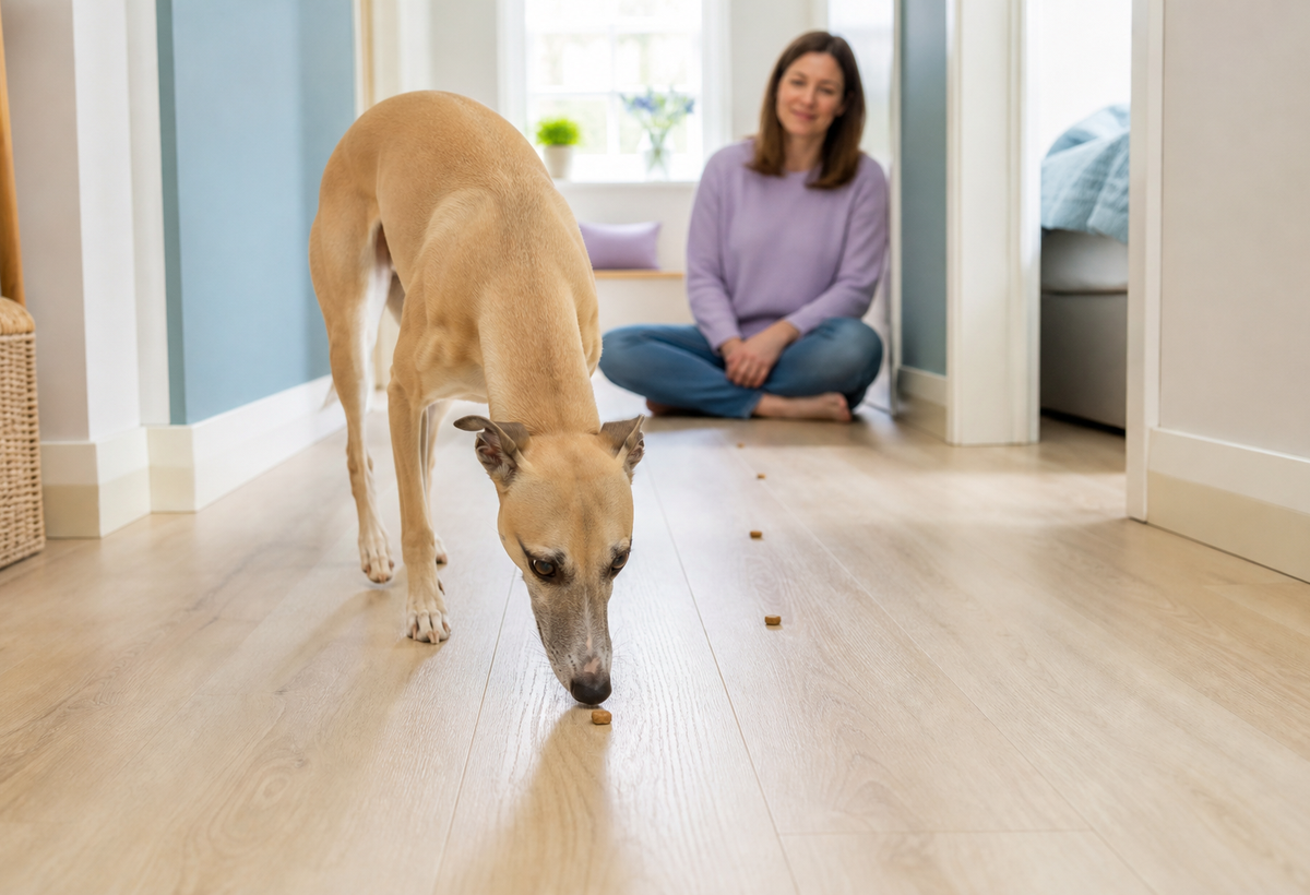 A tan whippet follows a short supervised kibble trail across a clear hallway.