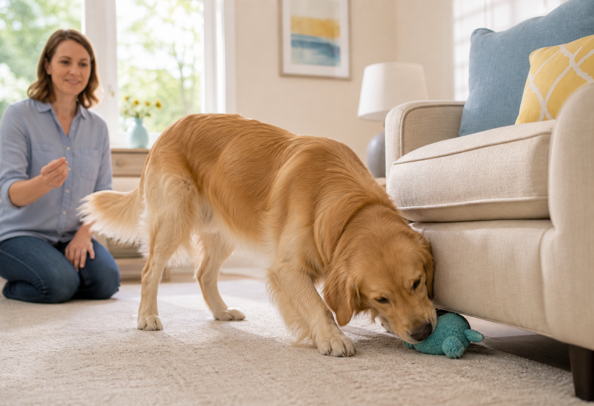 A golden retriever finds an intact teal plush toy beside a cream armchair while a person supervises.