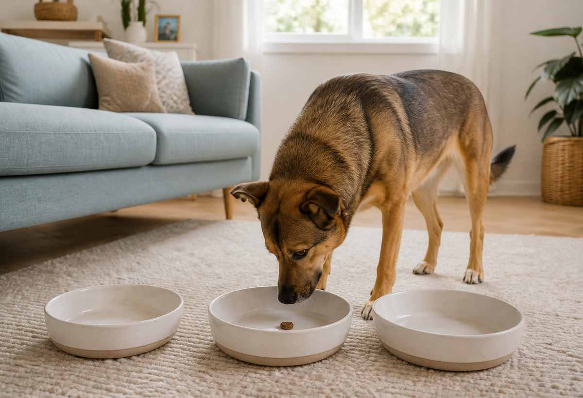 A calm mixed-breed dog investigates three large shallow bowls during an easy indoor scent game, with one piece of kibble visible in the middle bowl.