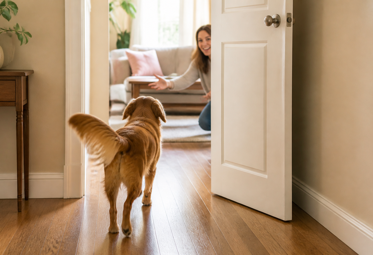 A golden dog finds a smiling familiar person half-visible behind a fully open interior doorway during a gentle hide-and-seek game.