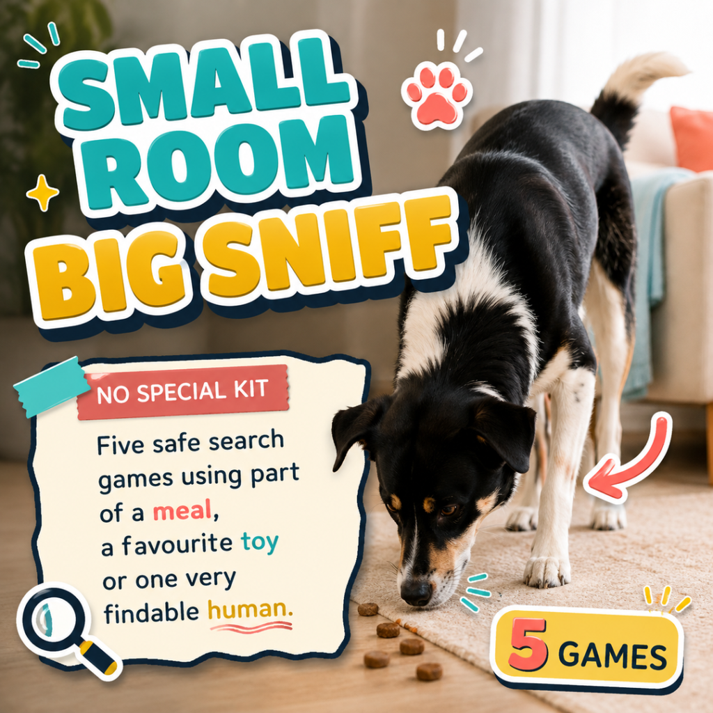 Black-and-white dog searching for kibble beside the headline Small Room Big Sniff.
