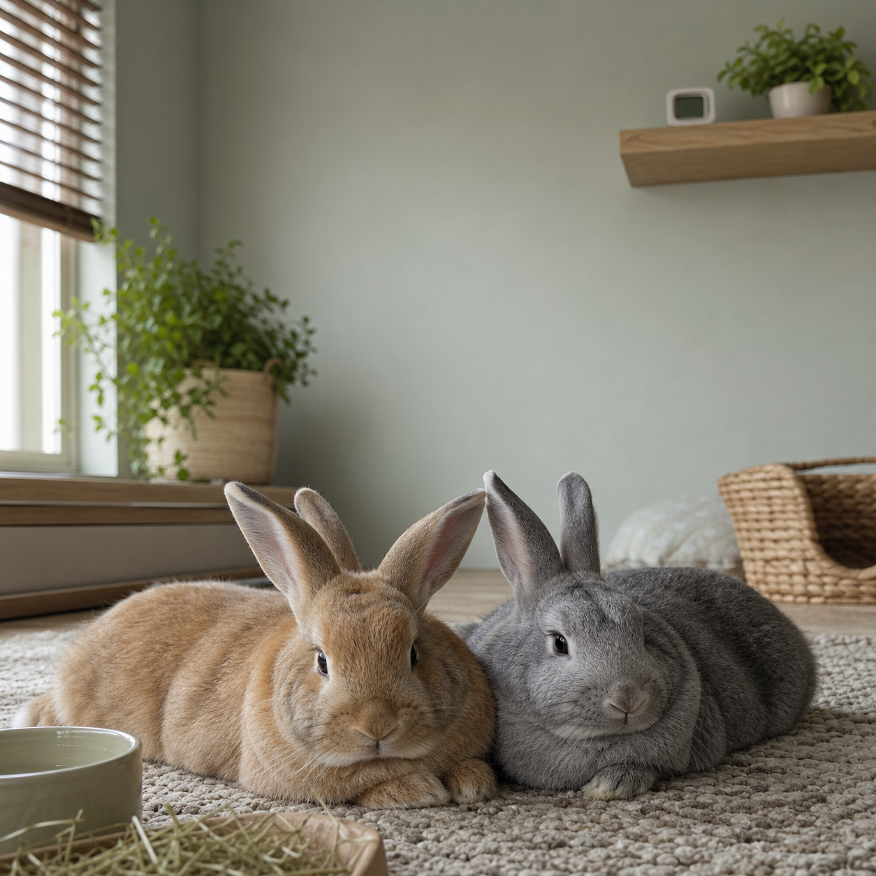 Two rabbits resting in a cool indoor room with blinds closed against the summer sun.