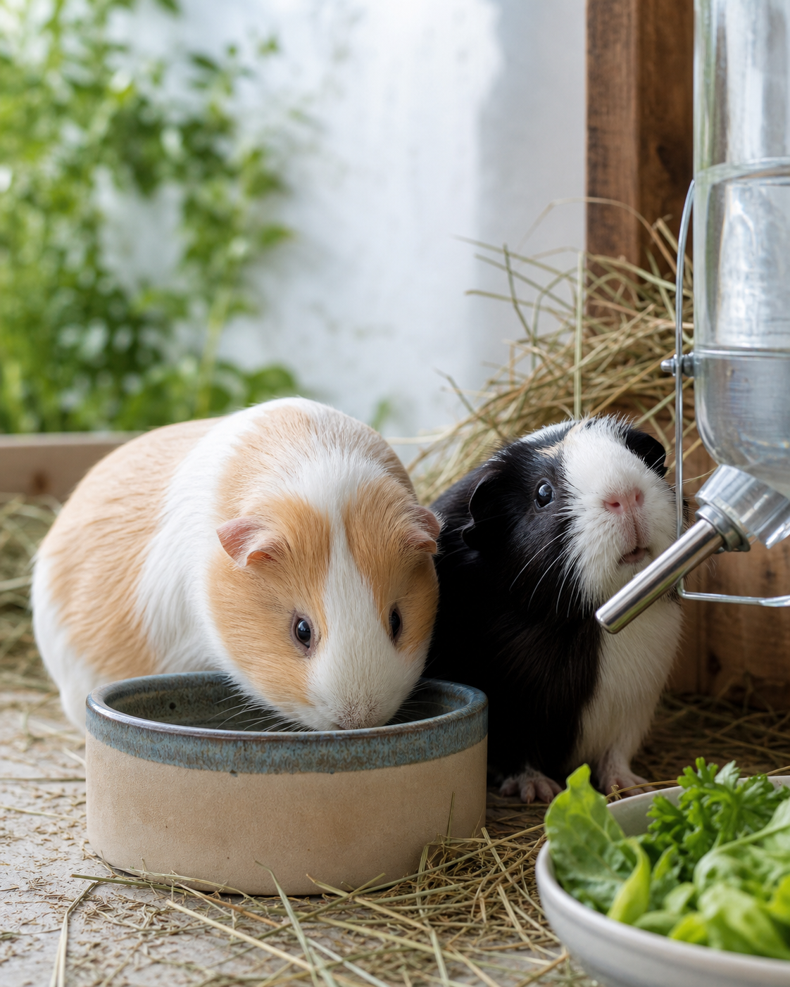 Two guinea pigs beside a ceramic water bowl and a separate water bottle.