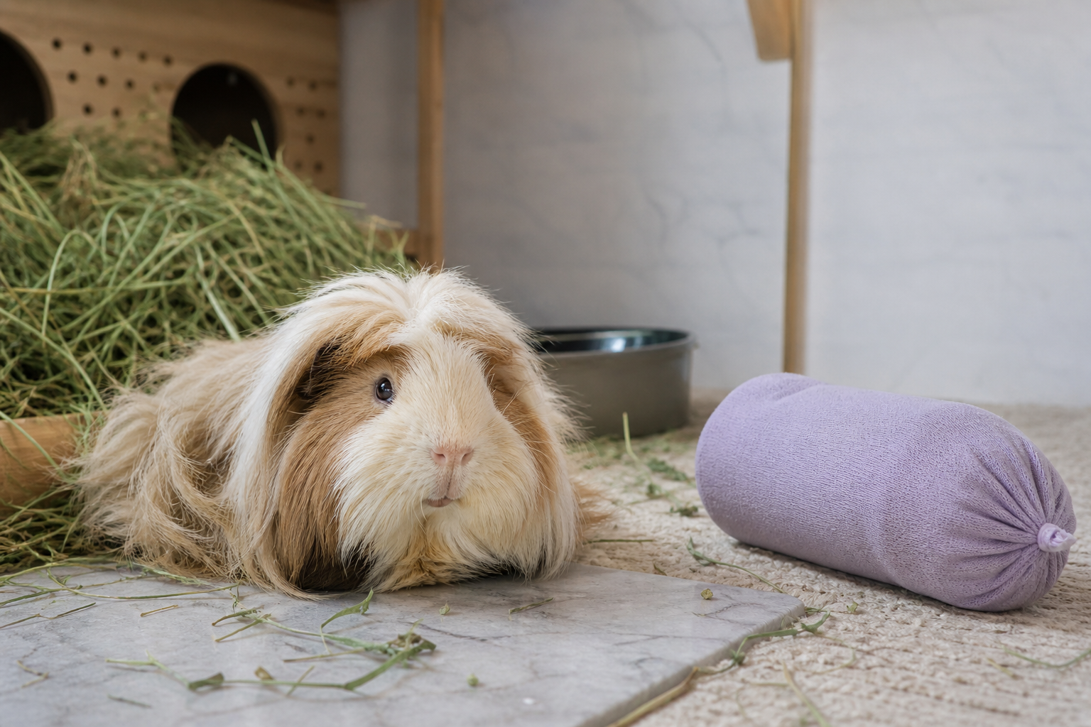 Long-haired guinea pig resting on a cool tile beside a securely wrapped frozen bottle.