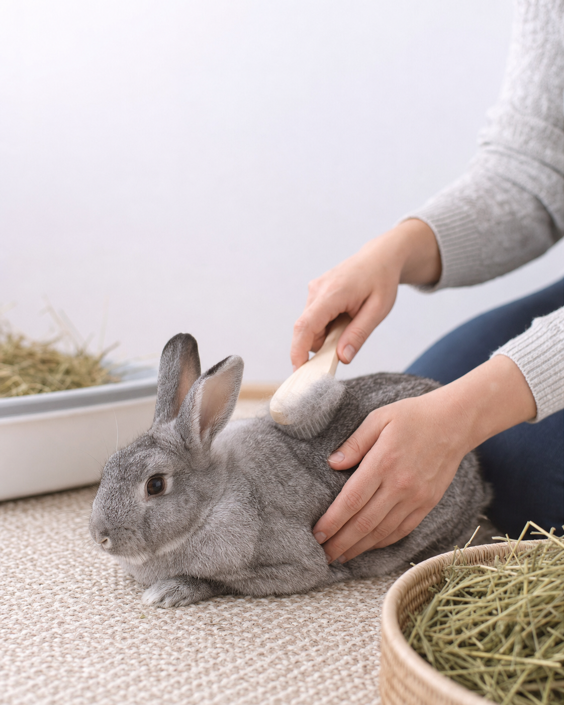 Grey rabbit receiving a gentle grooming and body check beside fresh hay.