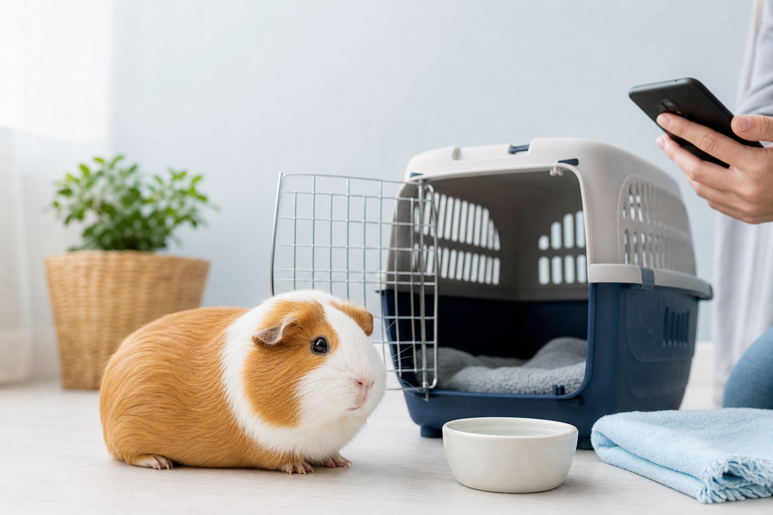 Guinea pig beside an open ventilated carrier while an owner phones the vet.