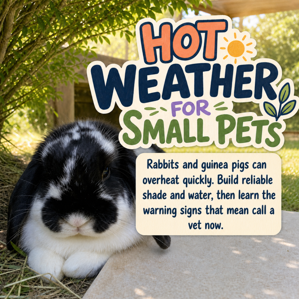 CloudyAww article card showing a black-and-white lop rabbit in leafy shade beside the title Hot Weather for Small Pets and a two-sentence safety summary.