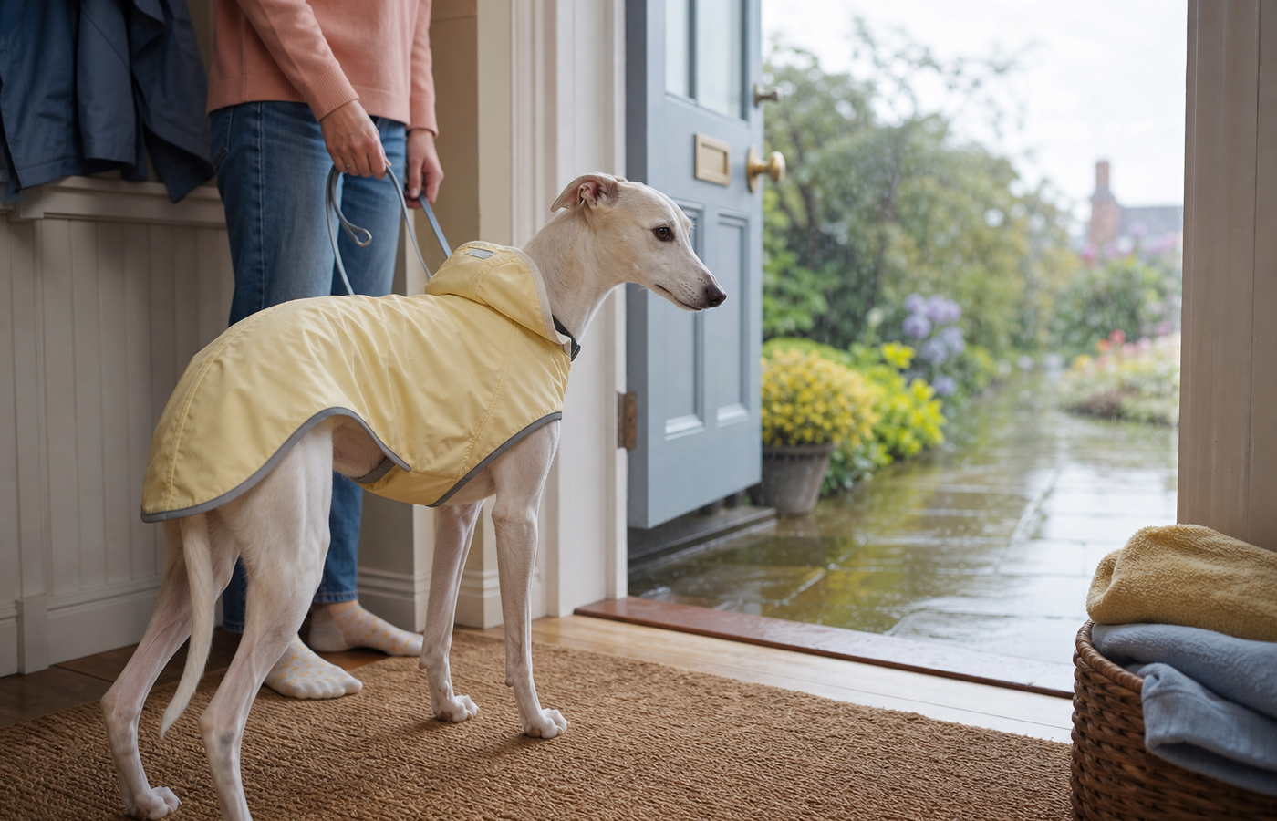 A cream whippet in a butter-yellow raincoat stands at an open doorway and looks out at a wet garden.
