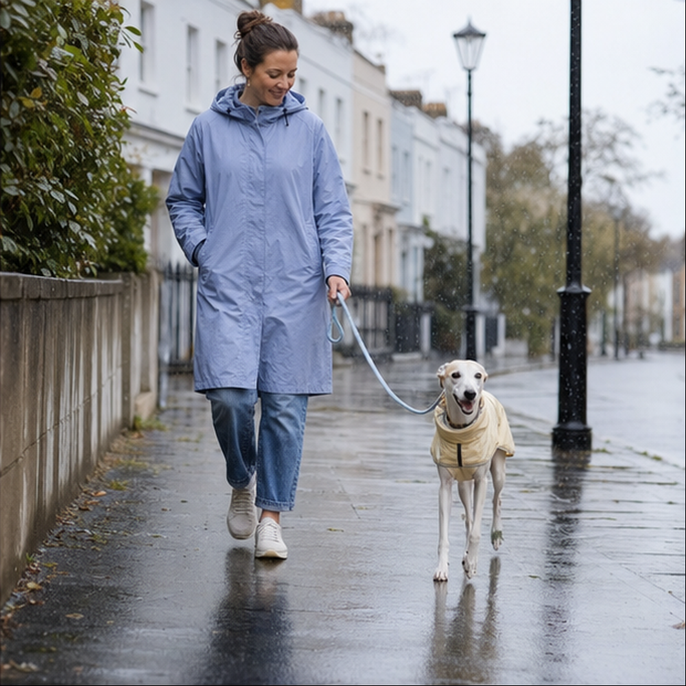 A person in a blue raincoat walks a cream whippet on a quiet wet pavement.