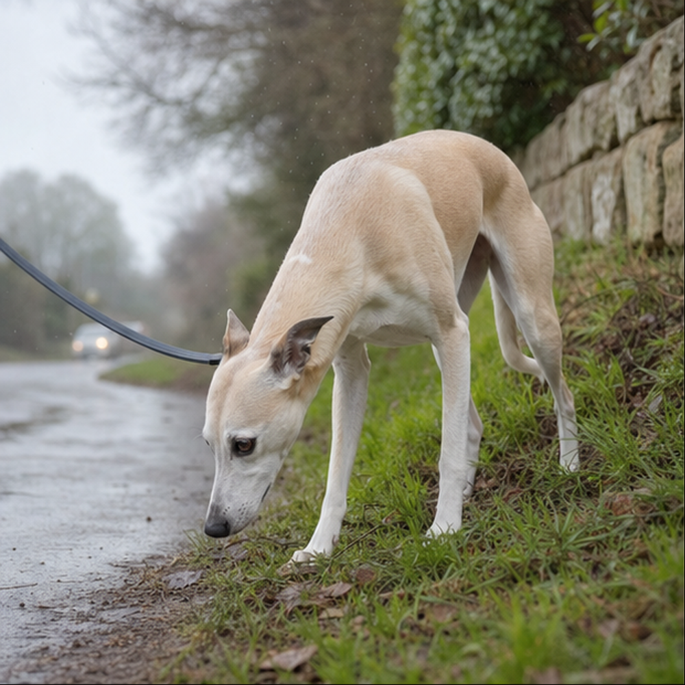 A cream whippet wears a butter-yellow waterproof coat with a free neck and shoulder fit.
