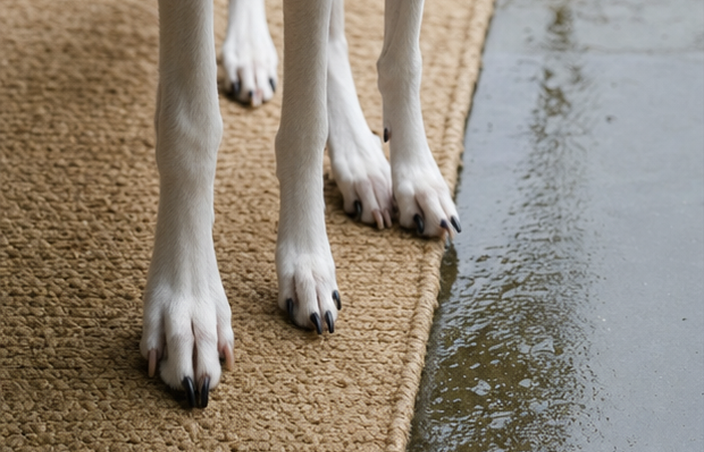 A dog’s front paws stand on a textured indoor mat beside a wet threshold.