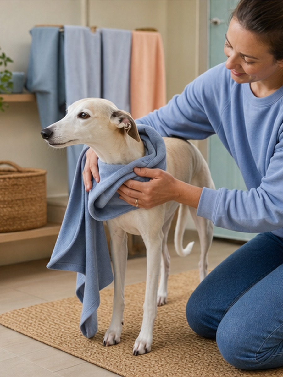 A person gently dries a cream whippet with a blue towel beside a prepared entry mat.