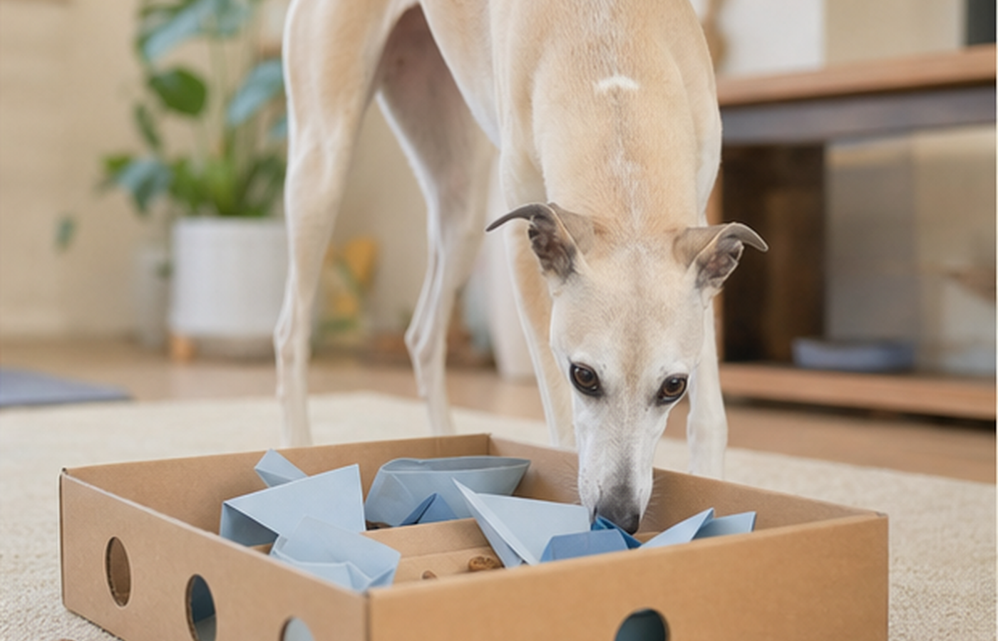 A cream whippet searches a cardboard scent-work box filled with folded paper and scattered treats.