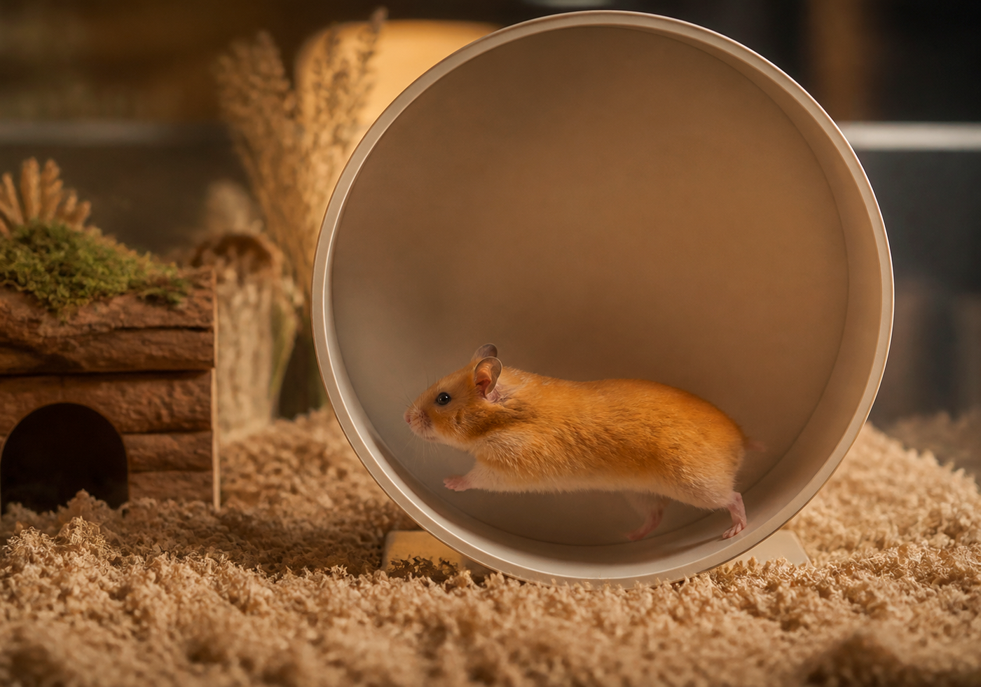 Golden Syrian hamster running side-on with a straight back in a large solid upright wheel.