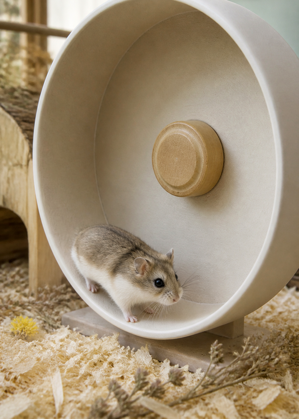 Dwarf hamster standing on a continuous solid wheel surface with no wire rungs or gaps.