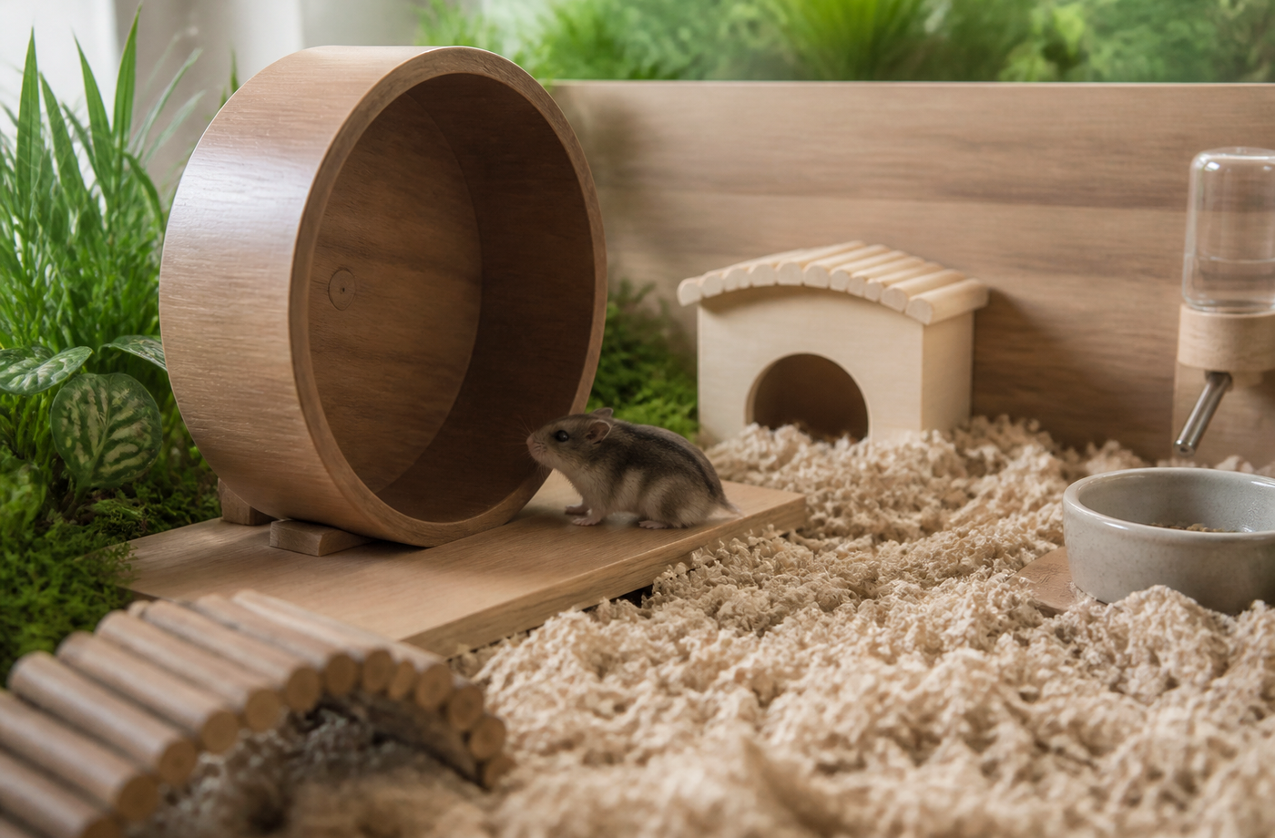 Stable hamster wheel on a firm platform beside deep bedding in a spacious enclosure.