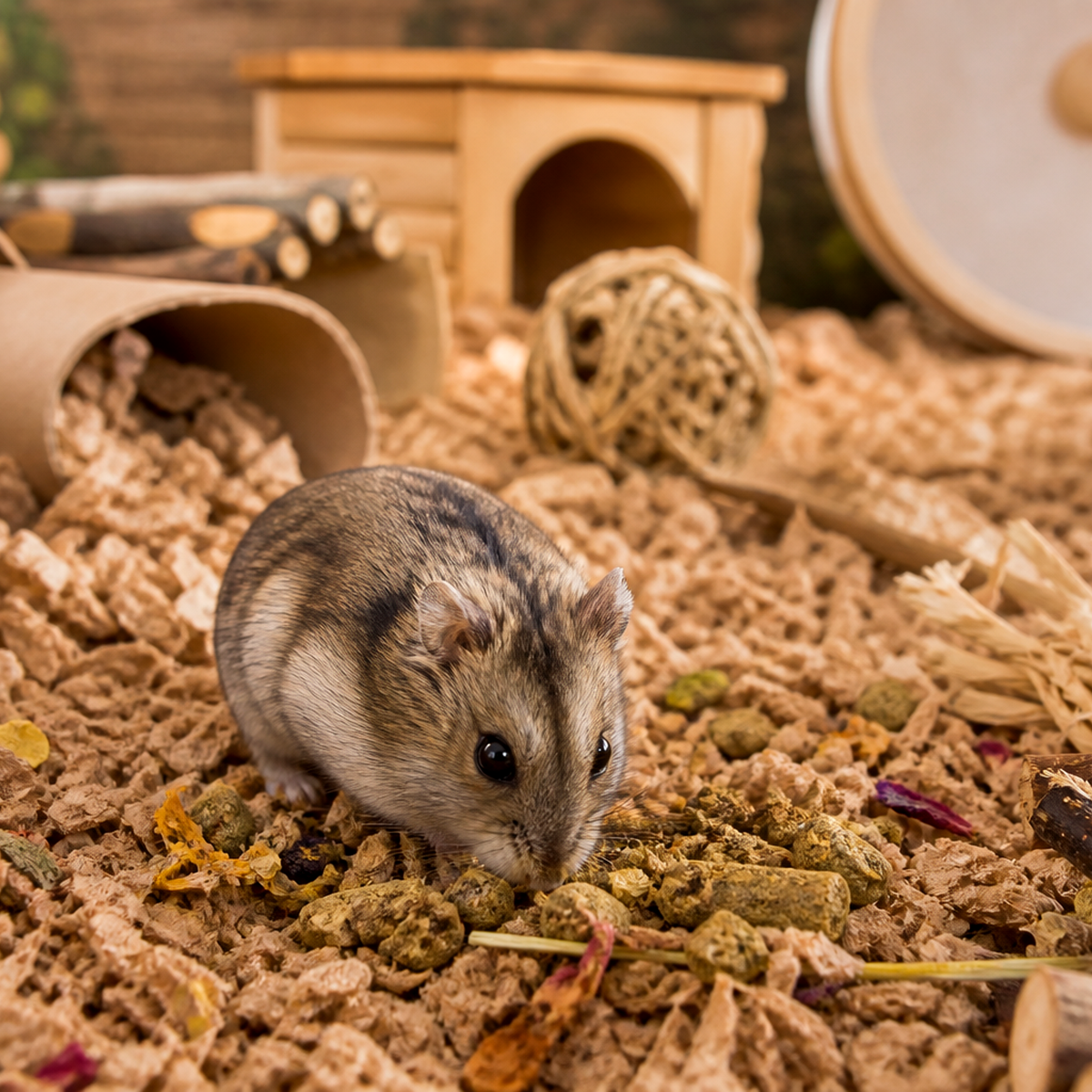 Hamster exploring cardboard tunnels and scattered food beside a wheel in an enriched habitat.