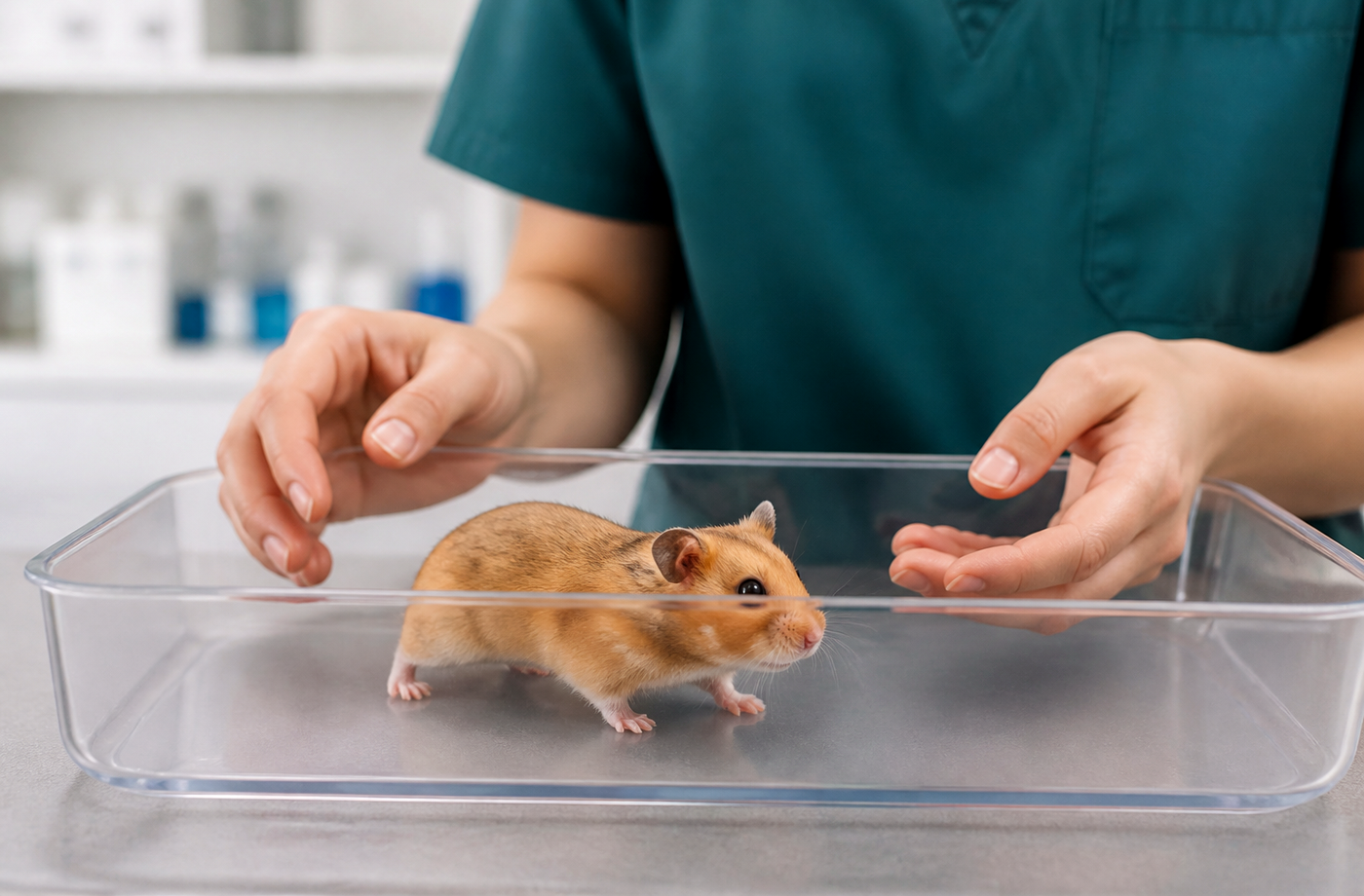Small-animal veterinarian calmly observing a hamster's movement in a low clear examination container.