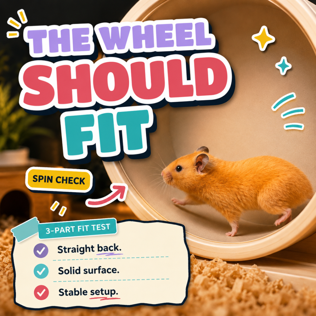 Golden hamster running inside a large wheel beneath The Wheel Should Fit headline and three-part fit test.