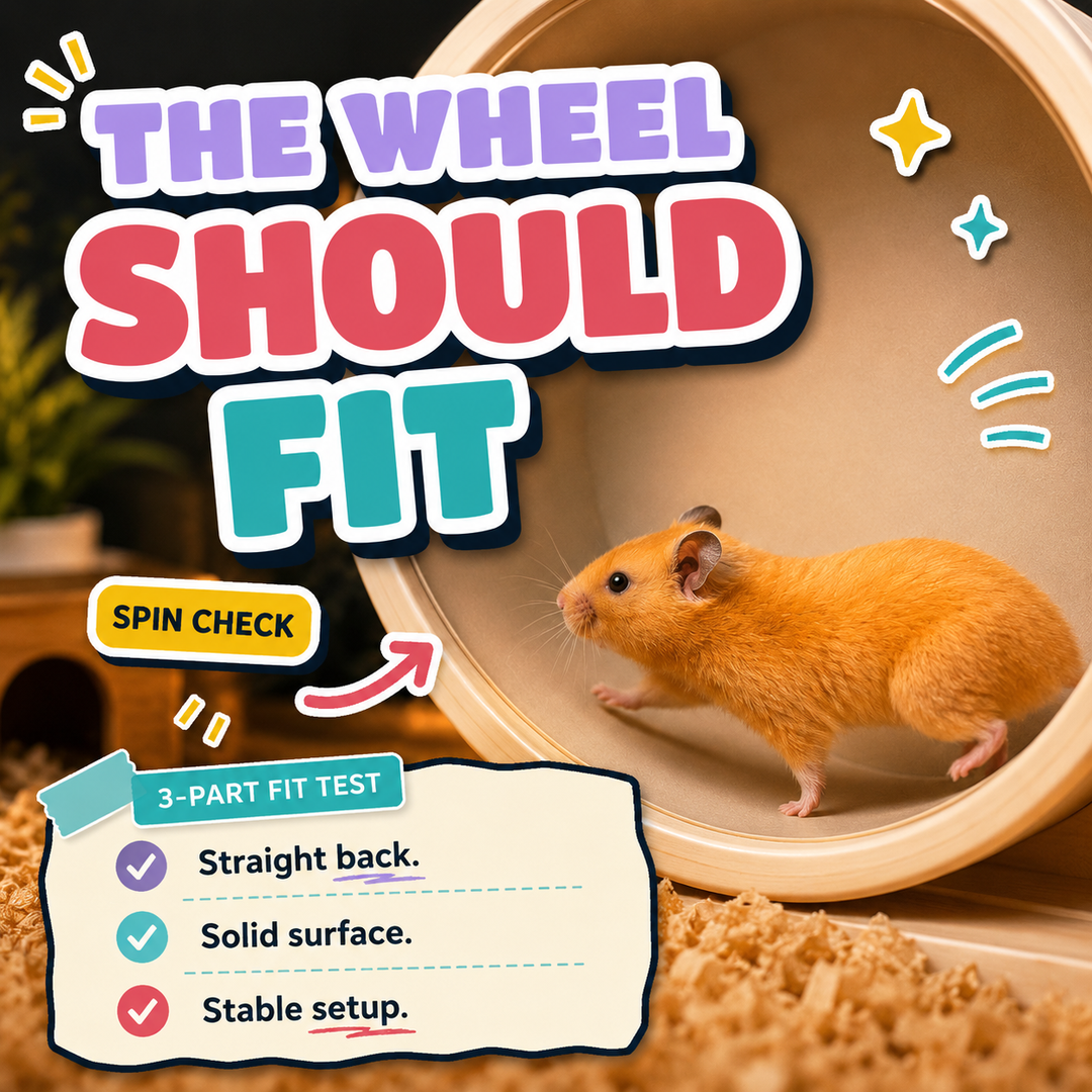 Golden Syrian hamster running with a straight back in a large solid upright wheel beside the headline The Wheel Should Fit.