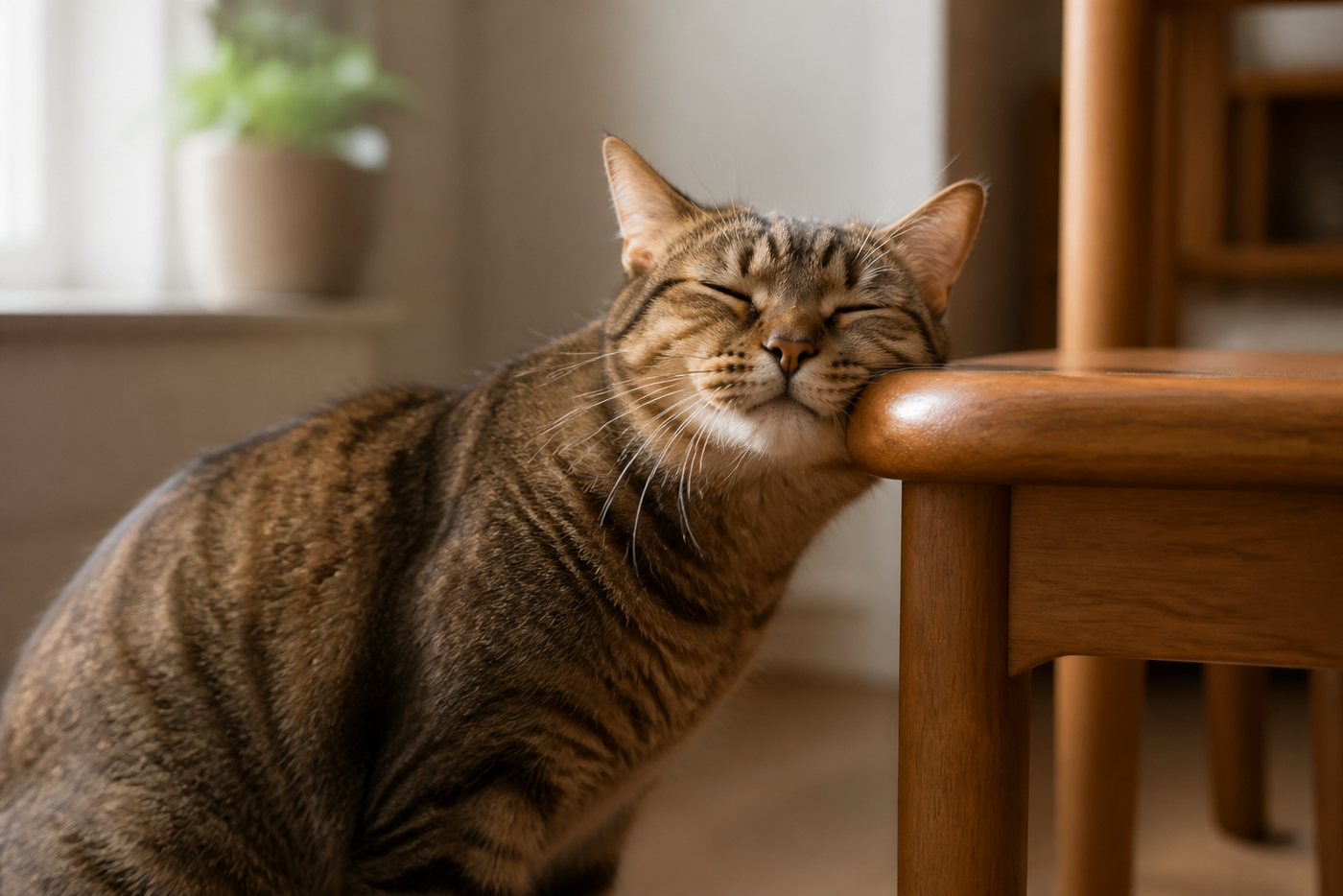 A tabby cat rubs its cheek along the corner of a wooden chair in morning light.