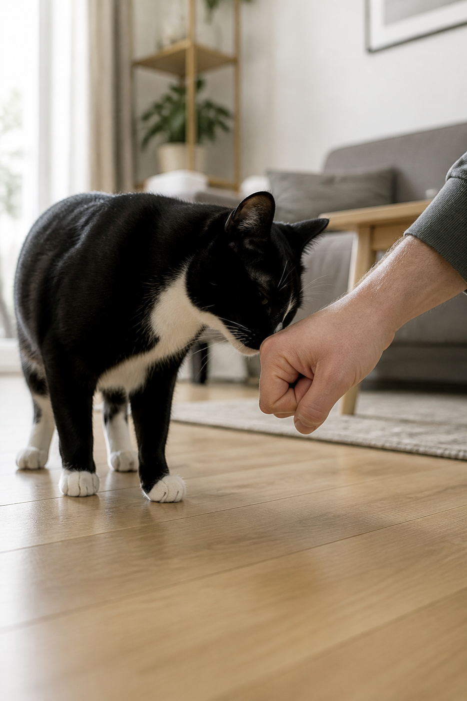 A black-and-white cat approaches a person's relaxed closed fist at floor level.