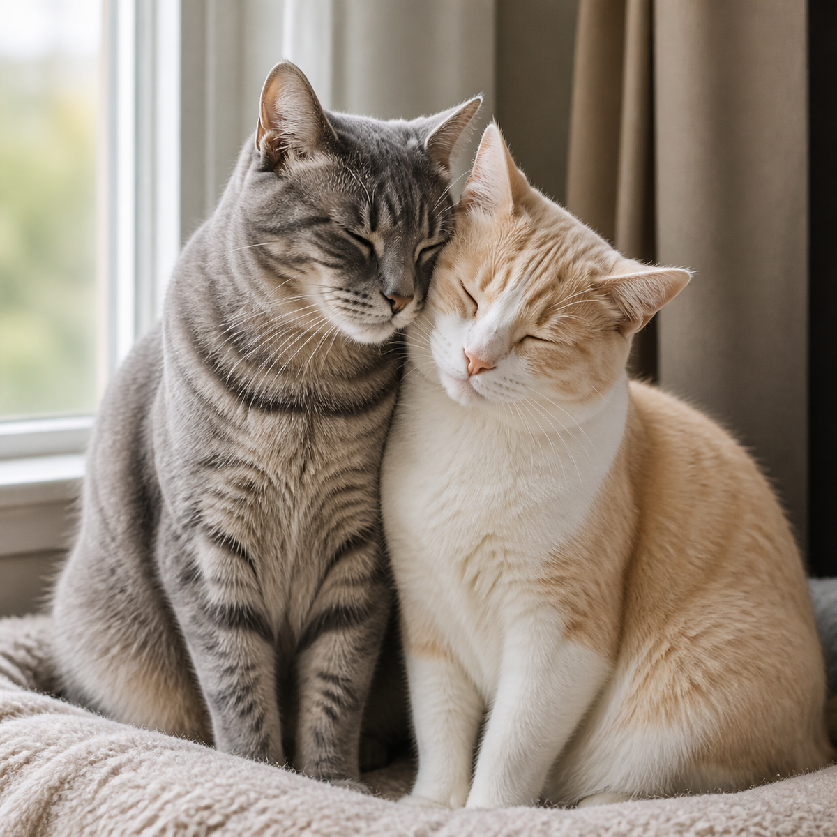 Two bonded cats gently rub their cheeks together on a window seat.