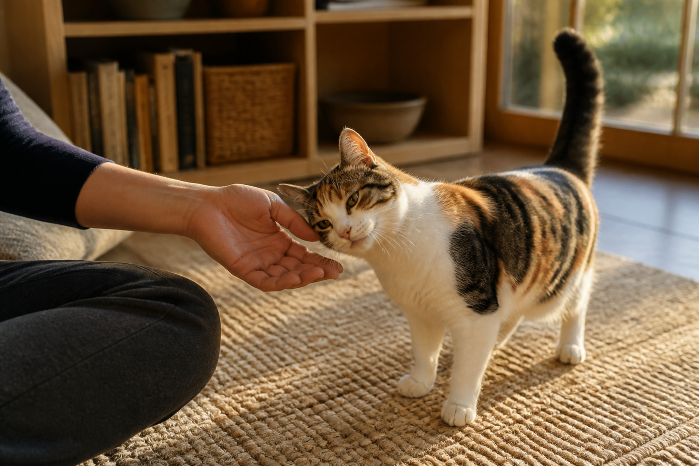 A calico cat pauses beside a person after a brief head bump with loose, relaxed body language.