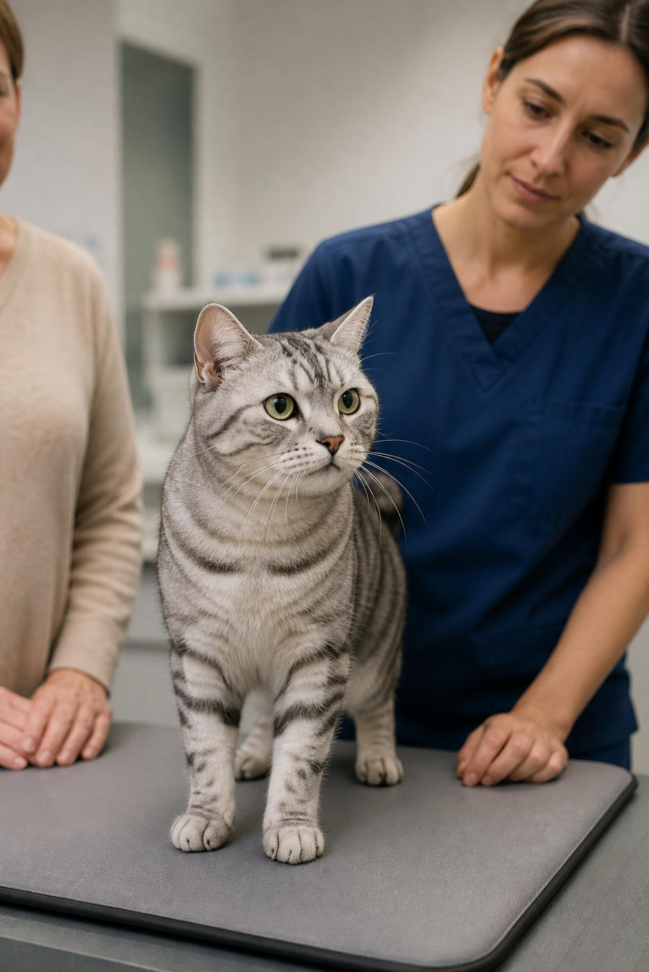 A veterinarian calmly observes an alert senior tabby cat with its owner nearby.