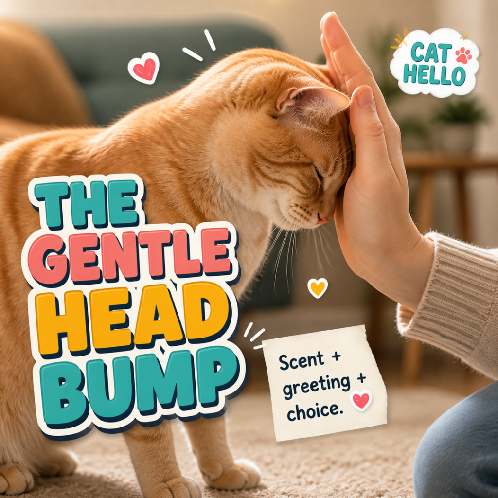 A relaxed orange tabby gently presses its forehead into a person's still hand in a warm living room.