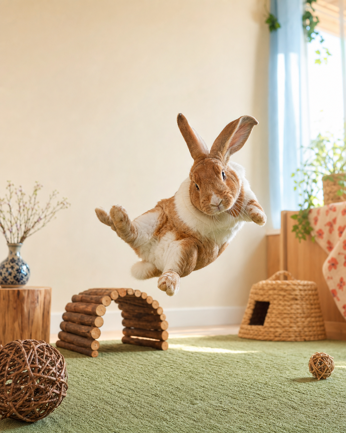 A cinnamon-and-white rabbit twists in mid-air during a binky on a soft rug in a bright indoor rabbit room.