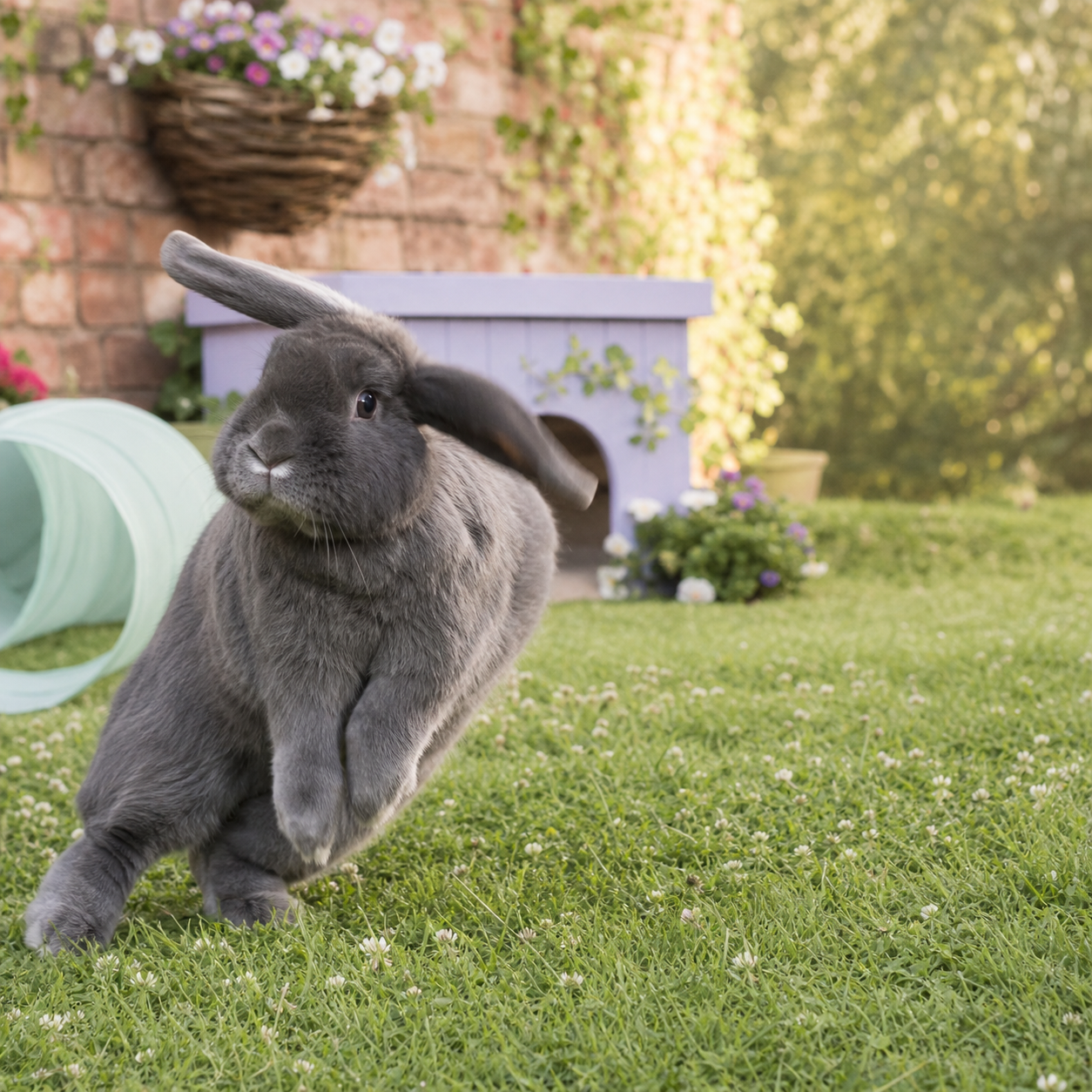 A charcoal-grey lop rabbit makes a small sideways hop in a leafy garden run.
