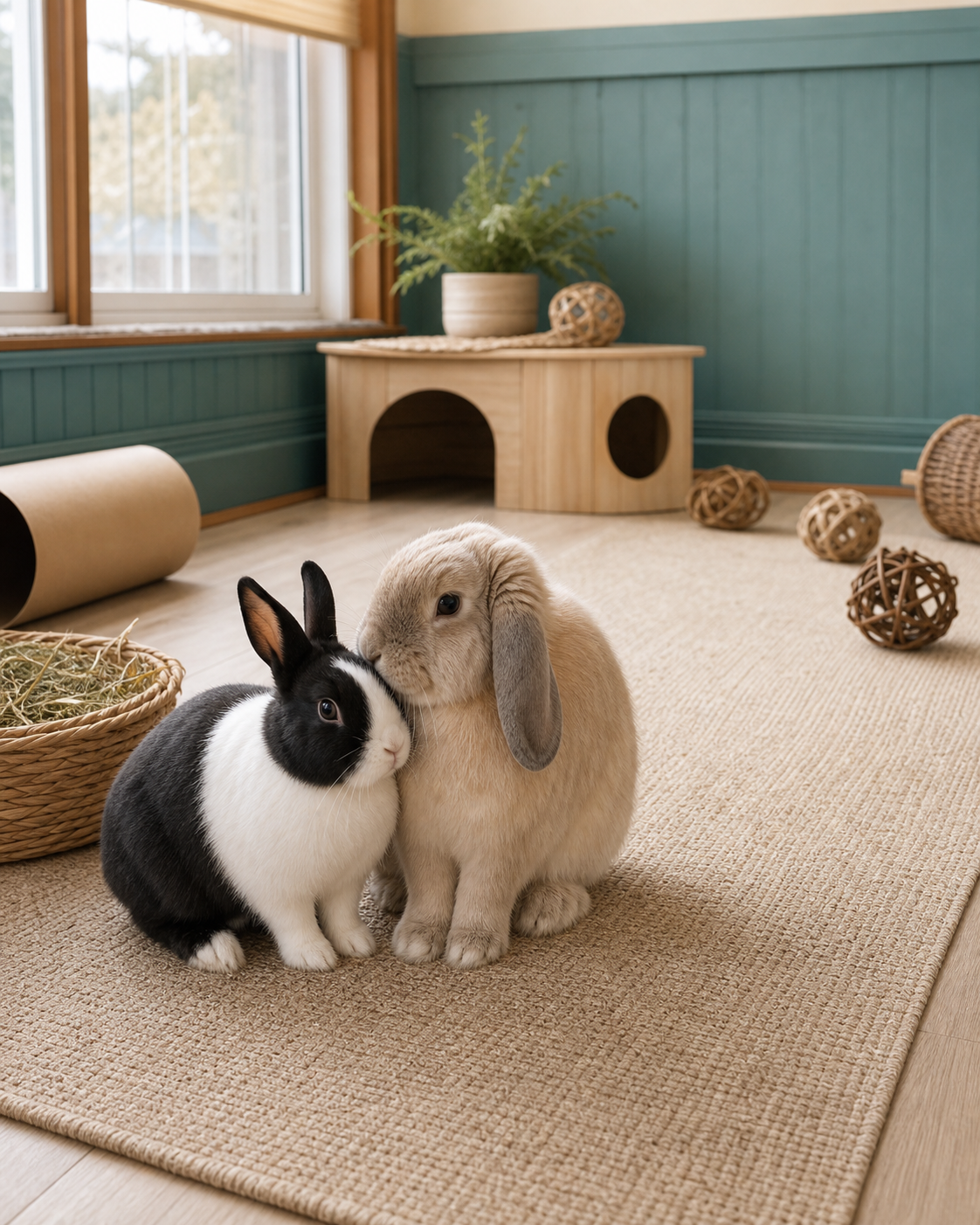 A black-and-white Dutch rabbit and a fawn lop rest together in a teal sunroom.