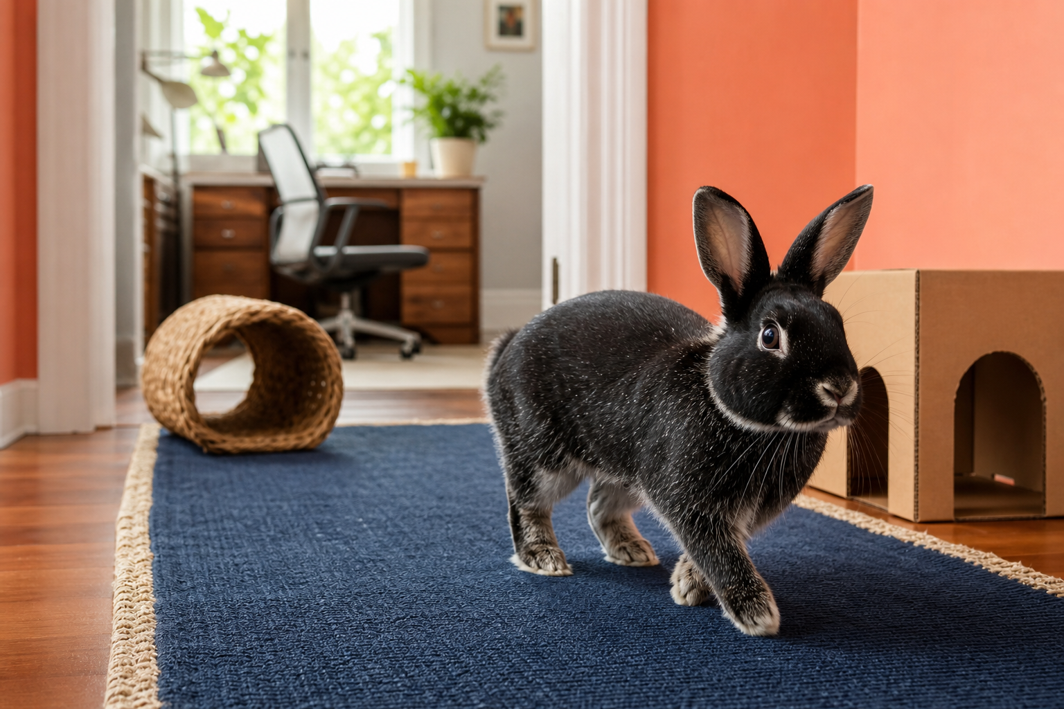 A black silver-marten rabbit moves steadily along a navy runner after landing in a coral hallway.