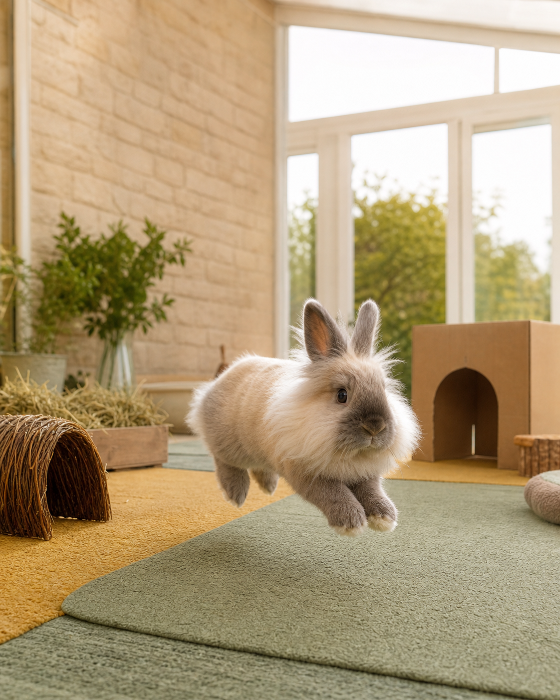 A cream-and-grey Lionhead rabbit makes a joyful hop over secure rugs in a spacious conservatory run.