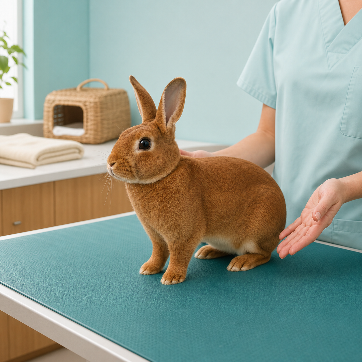 A calm chestnut Rex rabbit stands steadily on a teal non-slip mat during a veterinary posture check.
