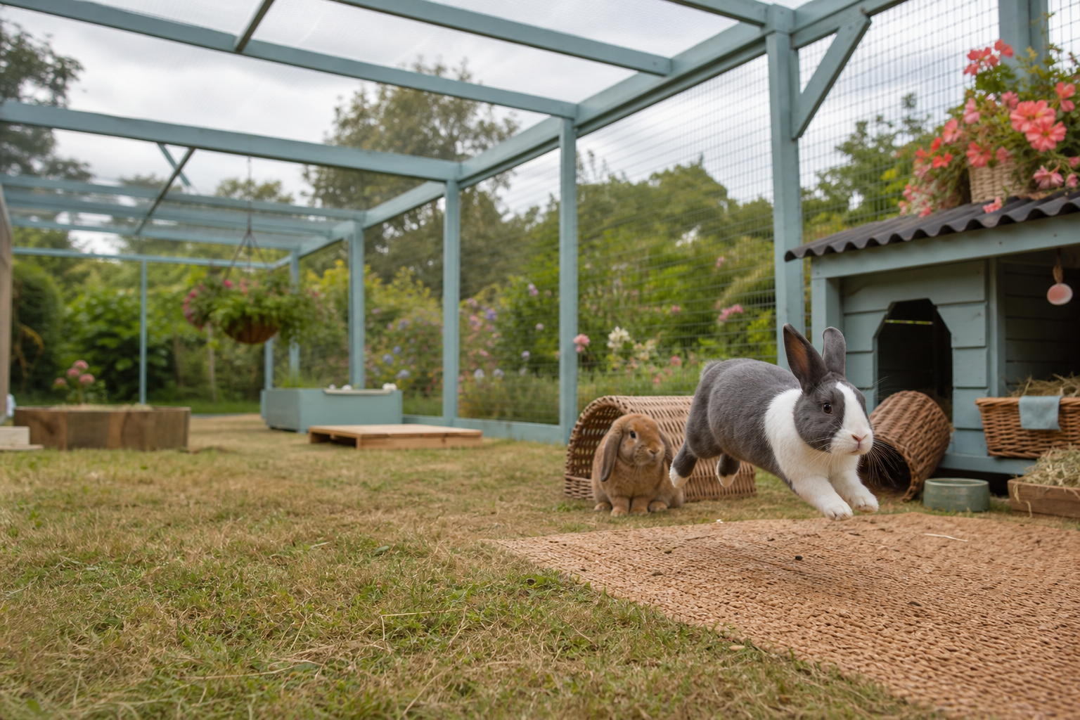 A blue-grey Dutch-marked rabbit binkies while a cinnamon lop watches in a spacious covered garden run.