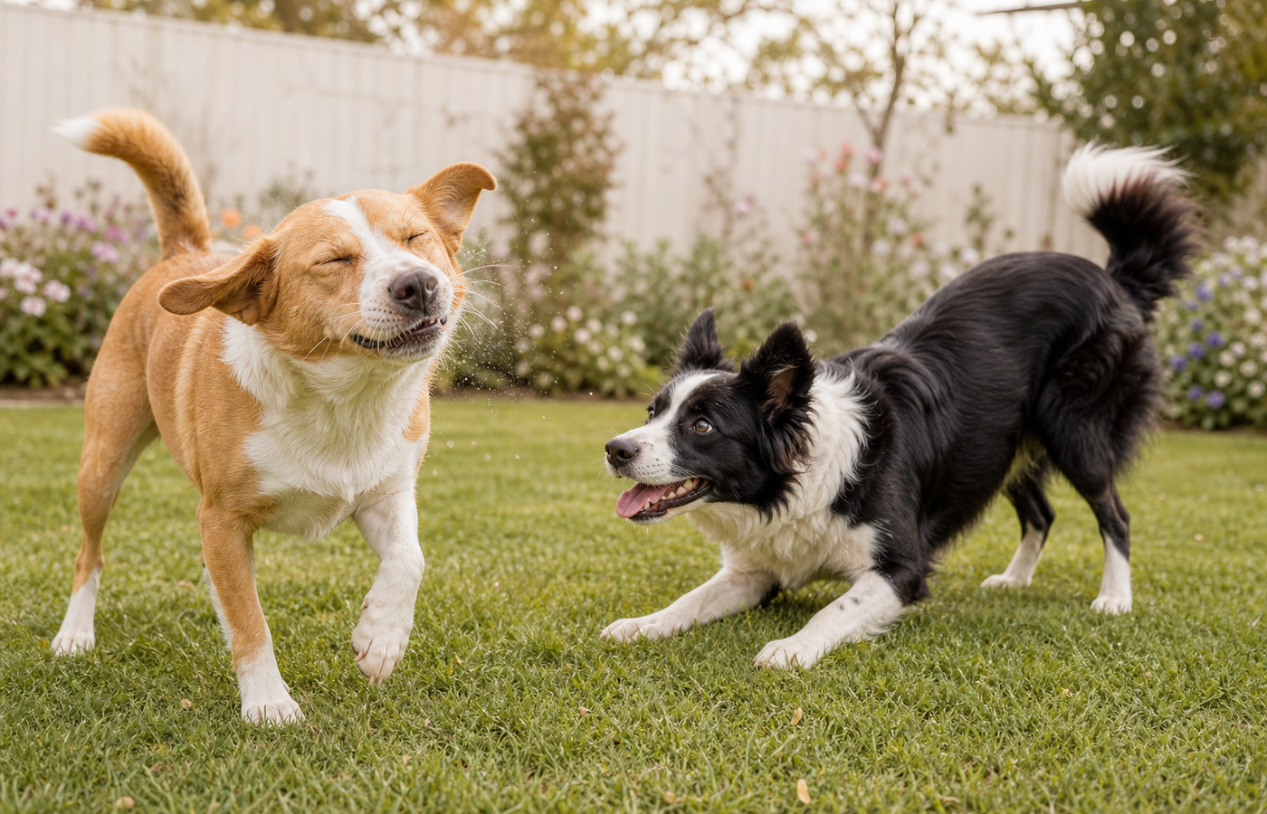 A tan-and-white dog sneezes while a black-and-white dog holds a loose play bow in a sunny garden.