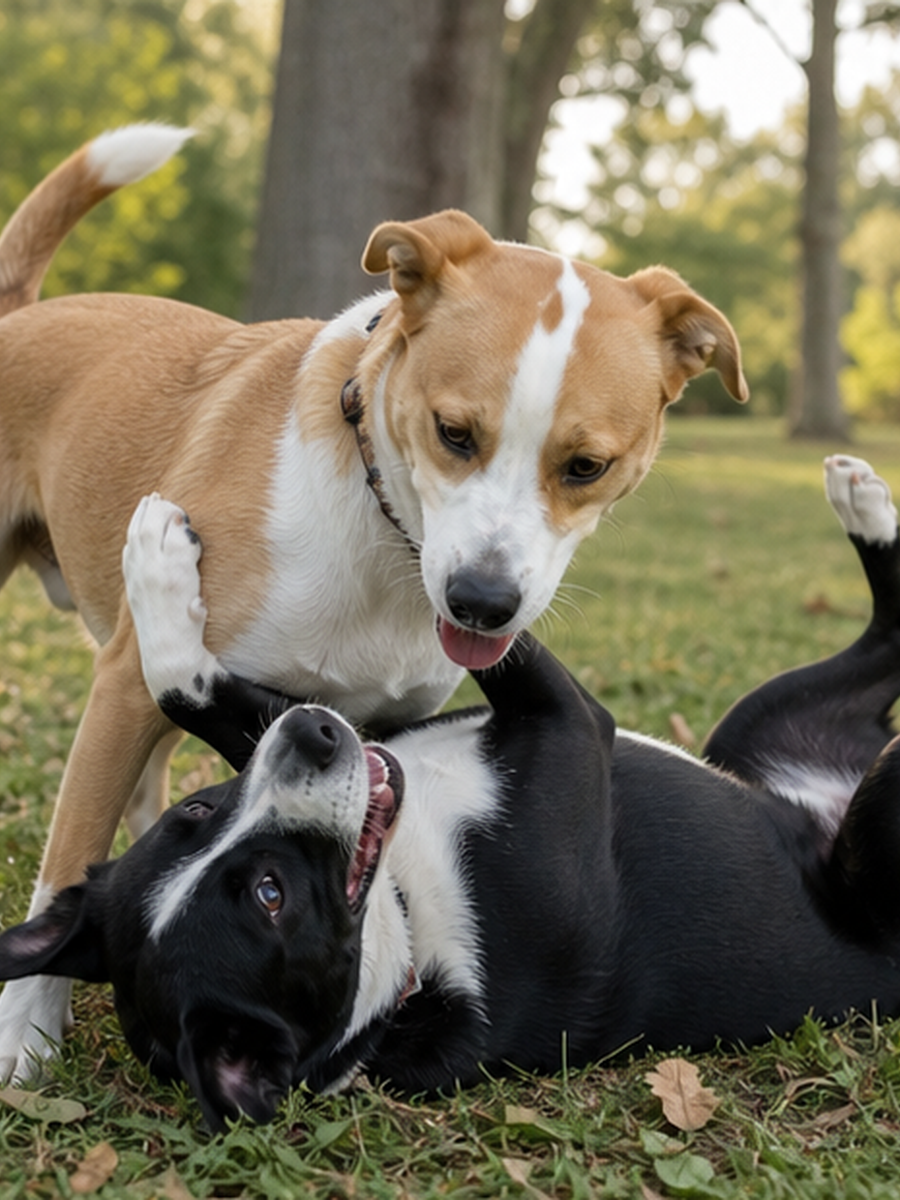 Two dogs wrestle on grass with curved bodies and open relaxed mouths.