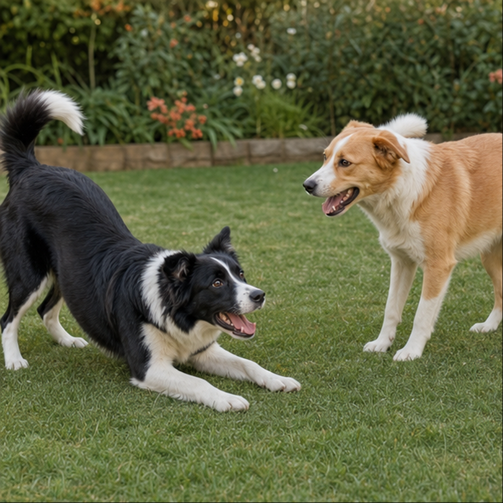 Two dogs rest apart on grass with relaxed faces during a natural pause in play.