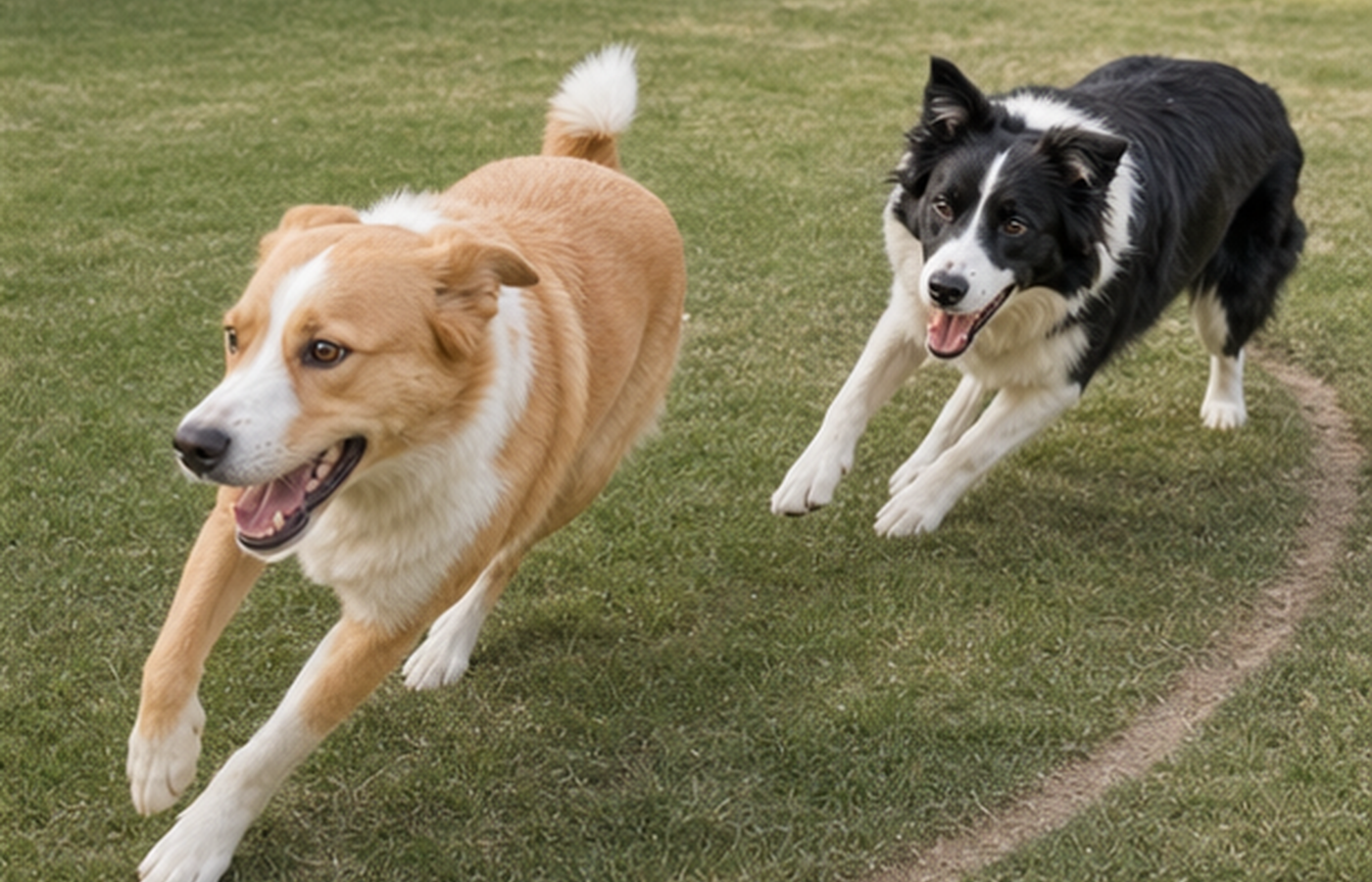 A tan-and-white dog runs ahead while a black-and-white dog follows on a curved path.