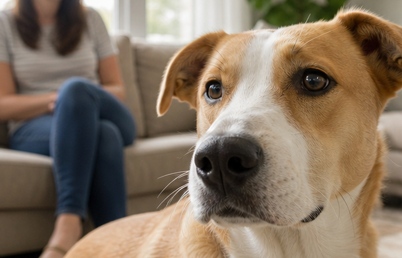 A veterinary professional calmly examines a tan-and-white dog’s nose and face.