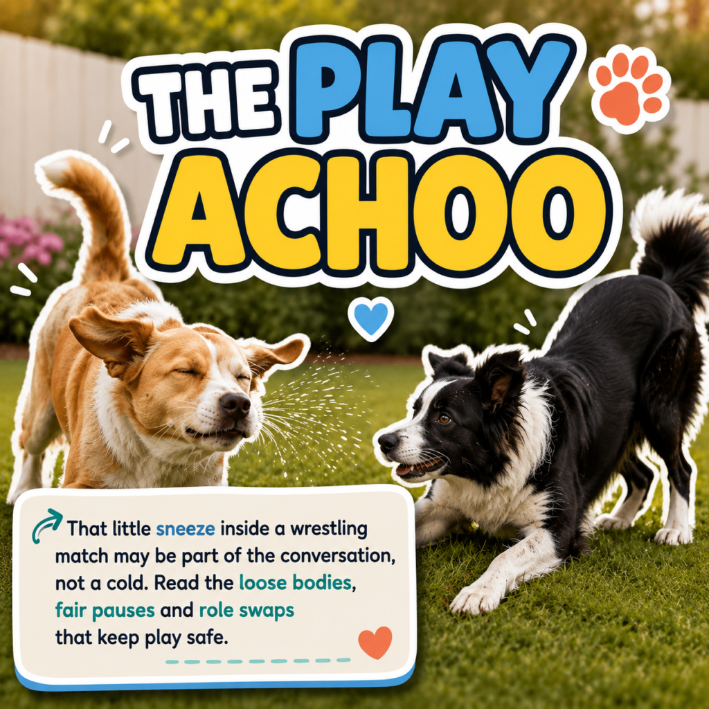 CloudyAww article card showing two loose-bodied dogs at play, one caught mid-sneeze, beneath the colourful title The Play Achoo.