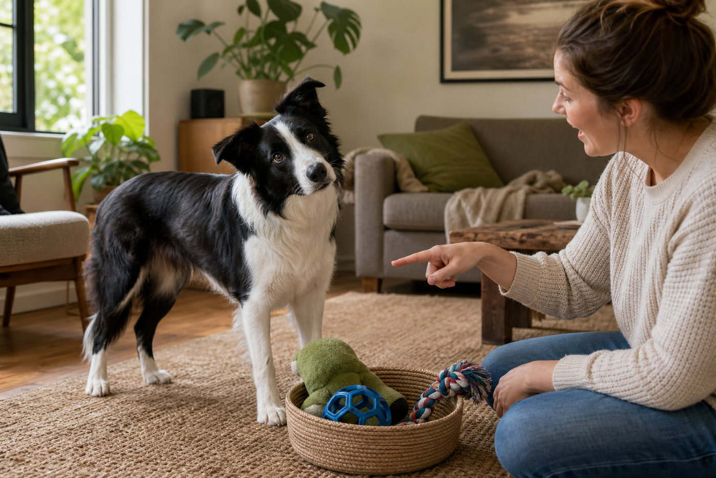 Border Collie briefly tilting its head while an owner names a toy beside a toy basket.