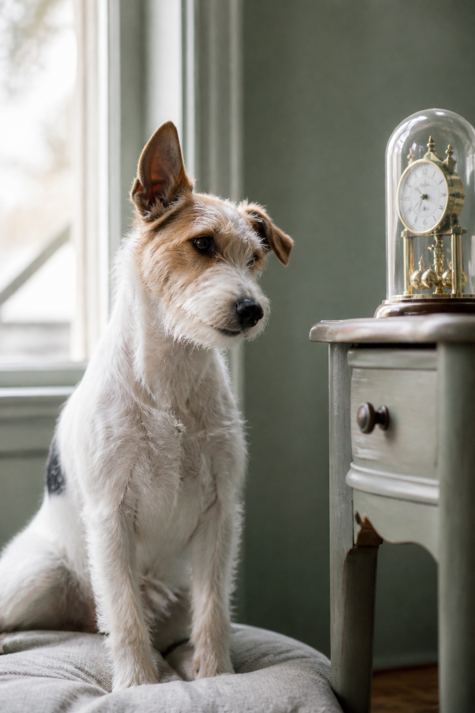 Wire-haired terrier listening beside a softly chiming mechanical clock.