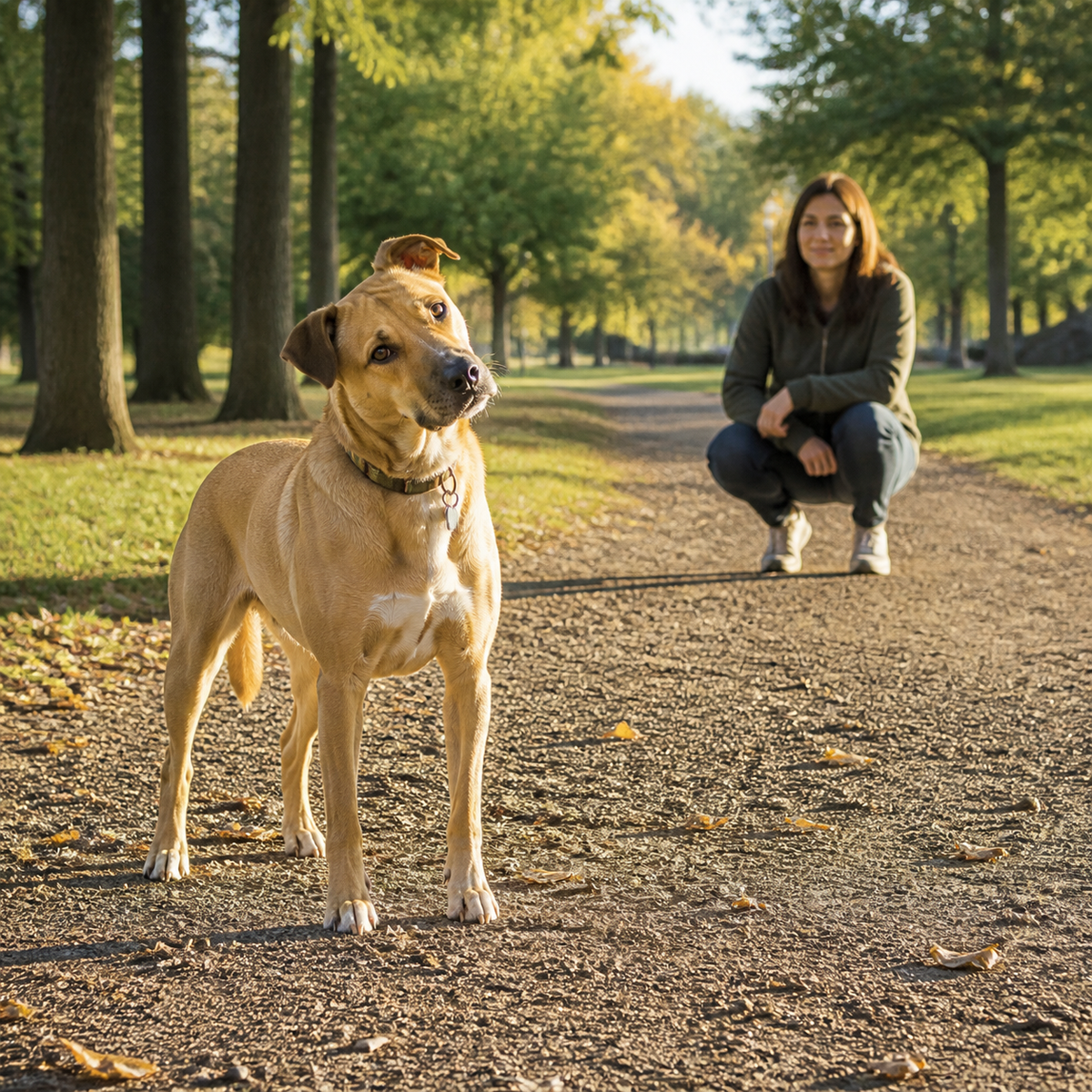 Relaxed tan dog showing a loose whole-body posture while briefly tilting its head in a park.